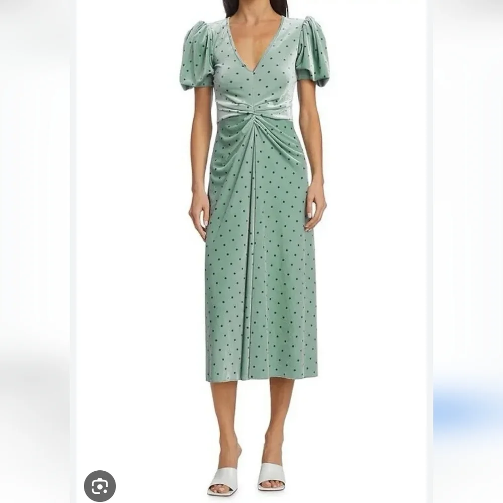 Rotate Birger Christensen Sierina Puff Sleeve Midi Dress Green Velvet Size 8 NWT